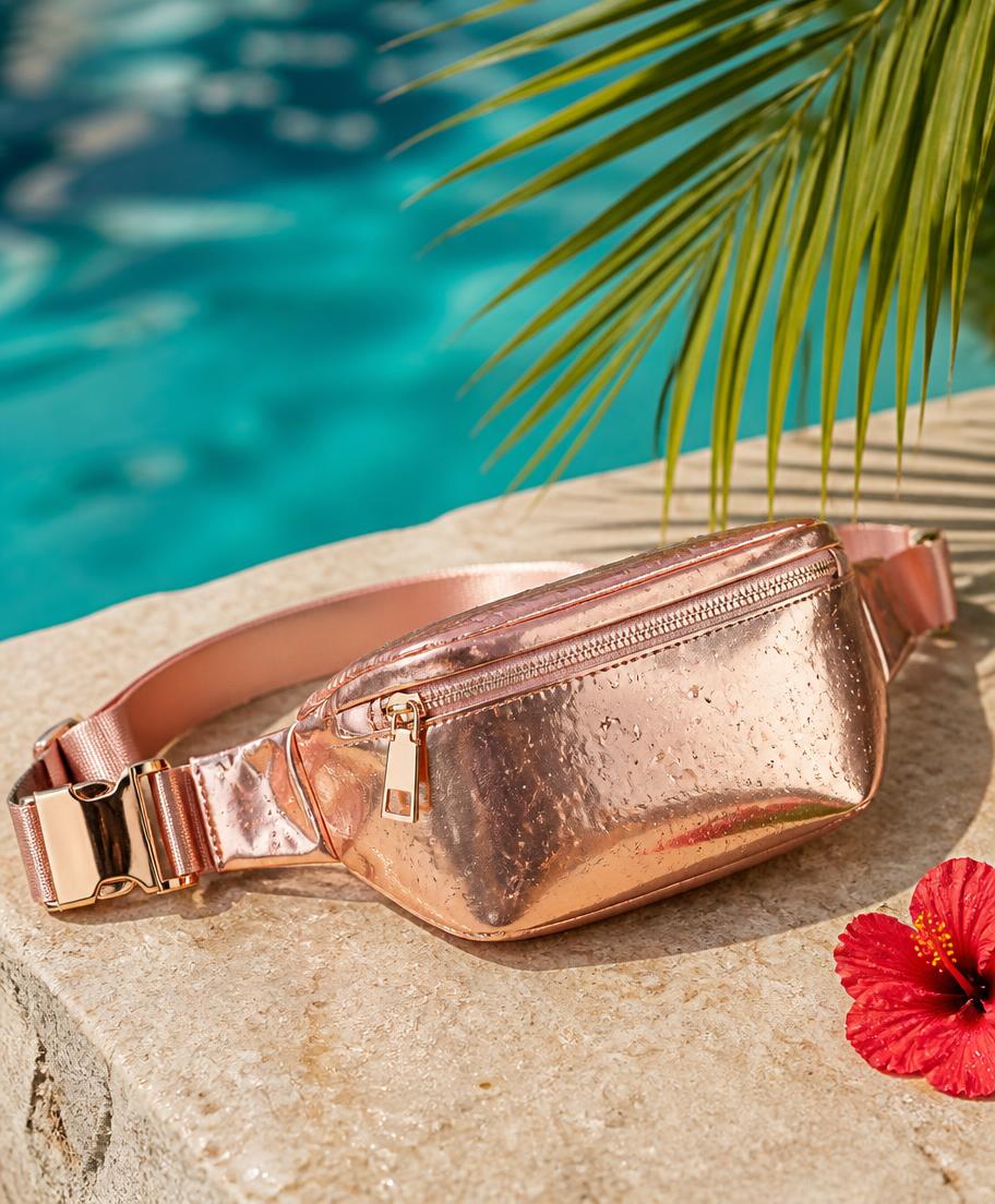 Rose-gold waterproof festival bag beside a tropical pool