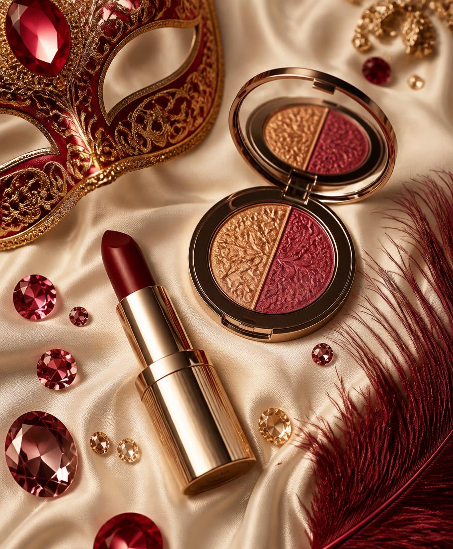 Ruby and gold Carnival beauty products on champagne silk